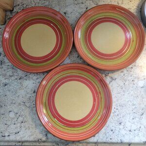 Pier 1 Valencia Dinner Plates 9"Set Of 3 Striped Red/Orange/Green Stoneware